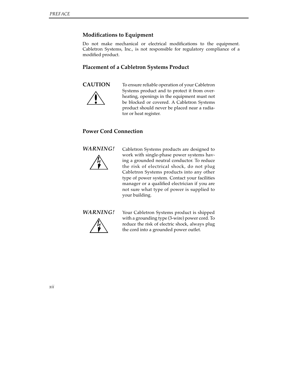 Modifications to equipment, Placement of a enterasys systems product, Power cord connection | Cabletron Systems SFCS-200BX User Manual | Page 14 / 180