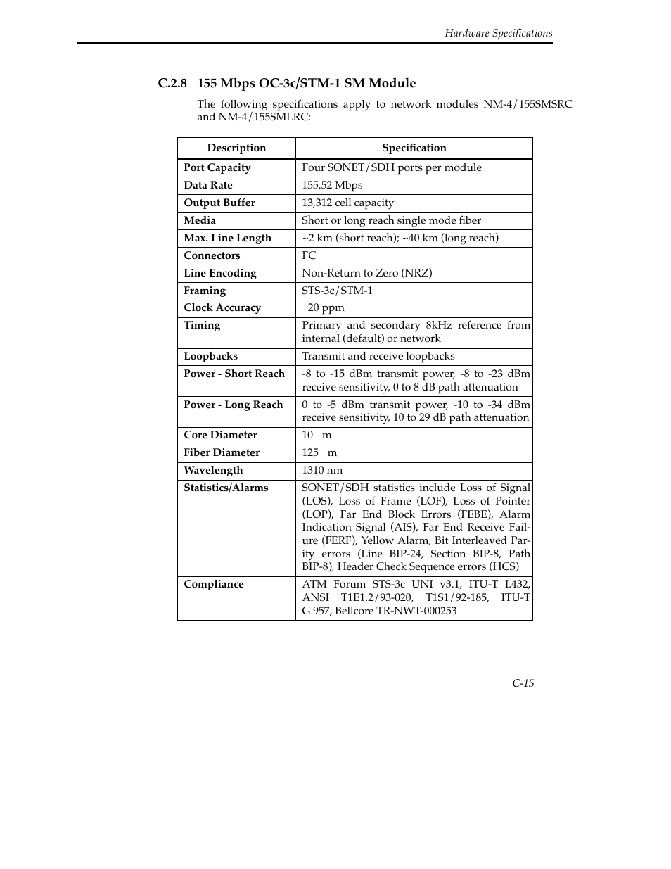 C.2.8 155 mbps oc-3c/stm-1 sm module | Cabletron Systems SFCS-200BX User Manual | Page 141 / 180