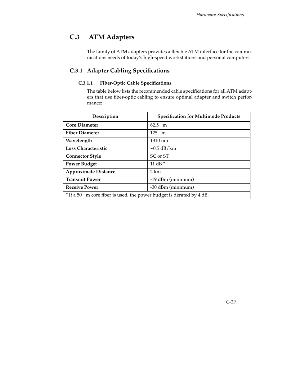 C.3 atm adapters, C.3.1 adapter cabling specifications, C.3.1.1 fiber-optic cable specifications | Cabletron Systems SFCS-200BX User Manual | Page 145 / 180