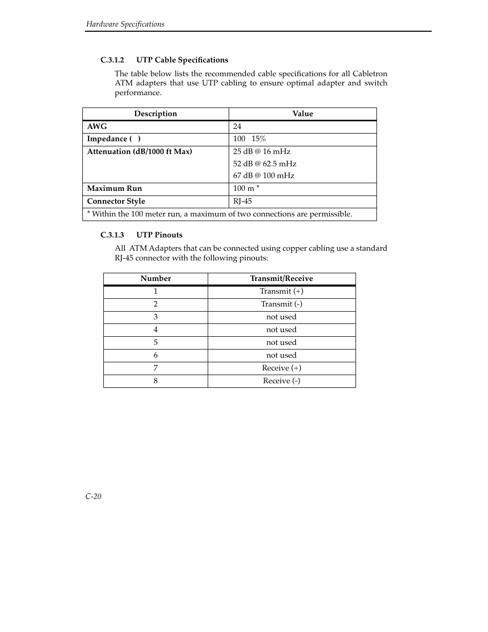 C.3.1.2 utp cable specifications, C.3.1.3 utp pinouts | Cabletron Systems SFCS-200BX User Manual | Page 146 / 180