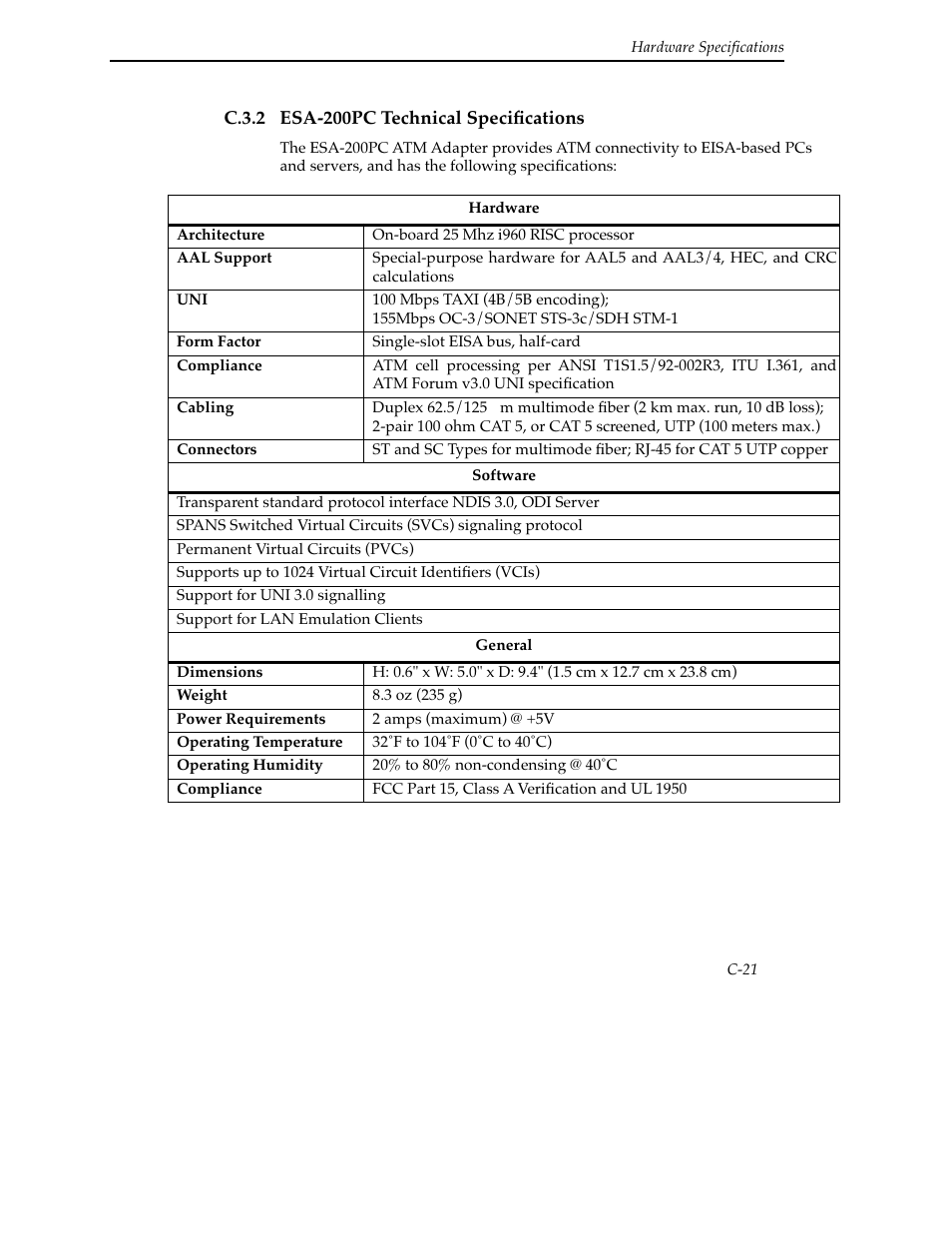 C.3.2 esa-200pc technical specifications | Cabletron Systems SFCS-200BX User Manual | Page 147 / 180