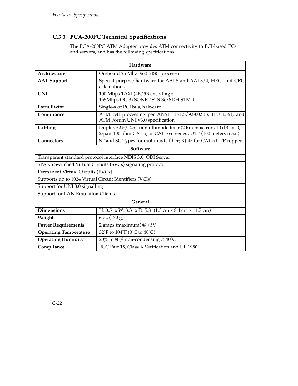 C.3.3 pca-200pc technical specifications | Cabletron Systems SFCS-200BX User Manual | Page 148 / 180