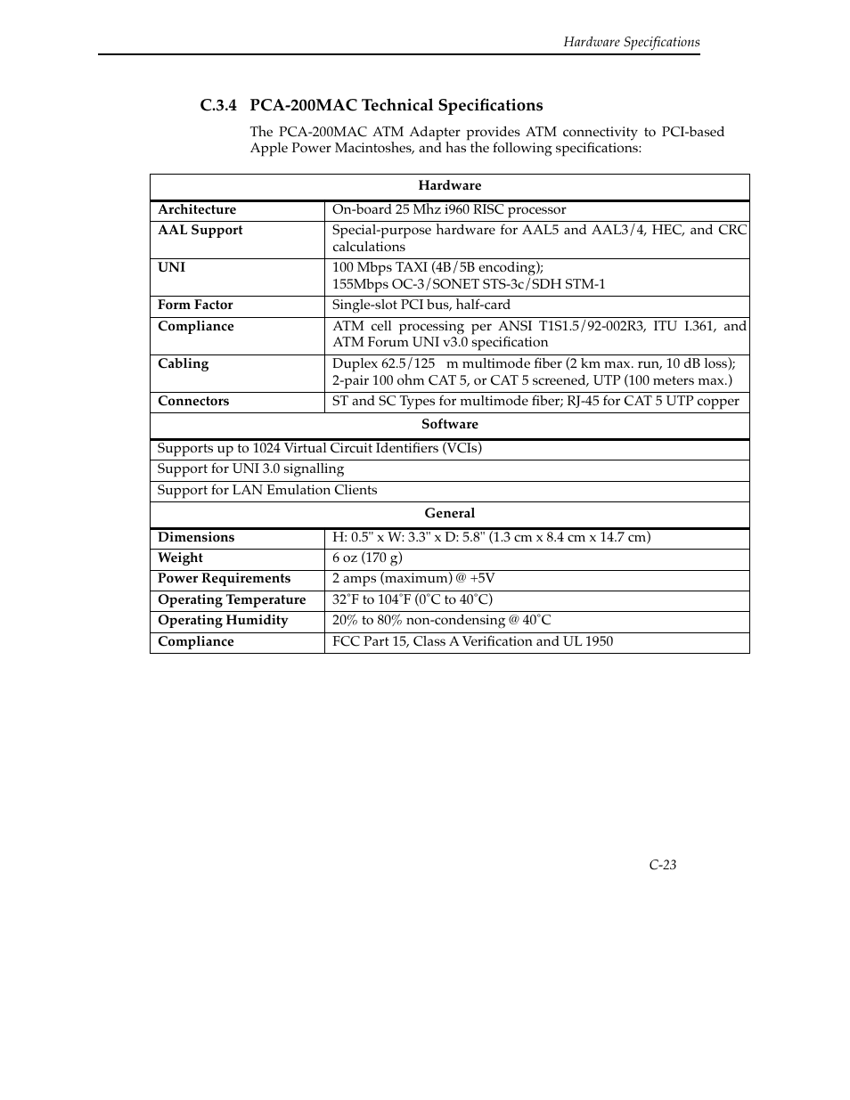 C.3.4 pca-200mac technical specifications | Cabletron Systems SFCS-200BX User Manual | Page 149 / 180