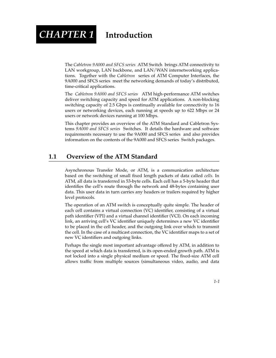 Introduction, 1 overview of the atm standard, Chapter 1 | 1 overview of the atm standard -1 | Cabletron Systems SFCS-200BX User Manual | Page 15 / 180