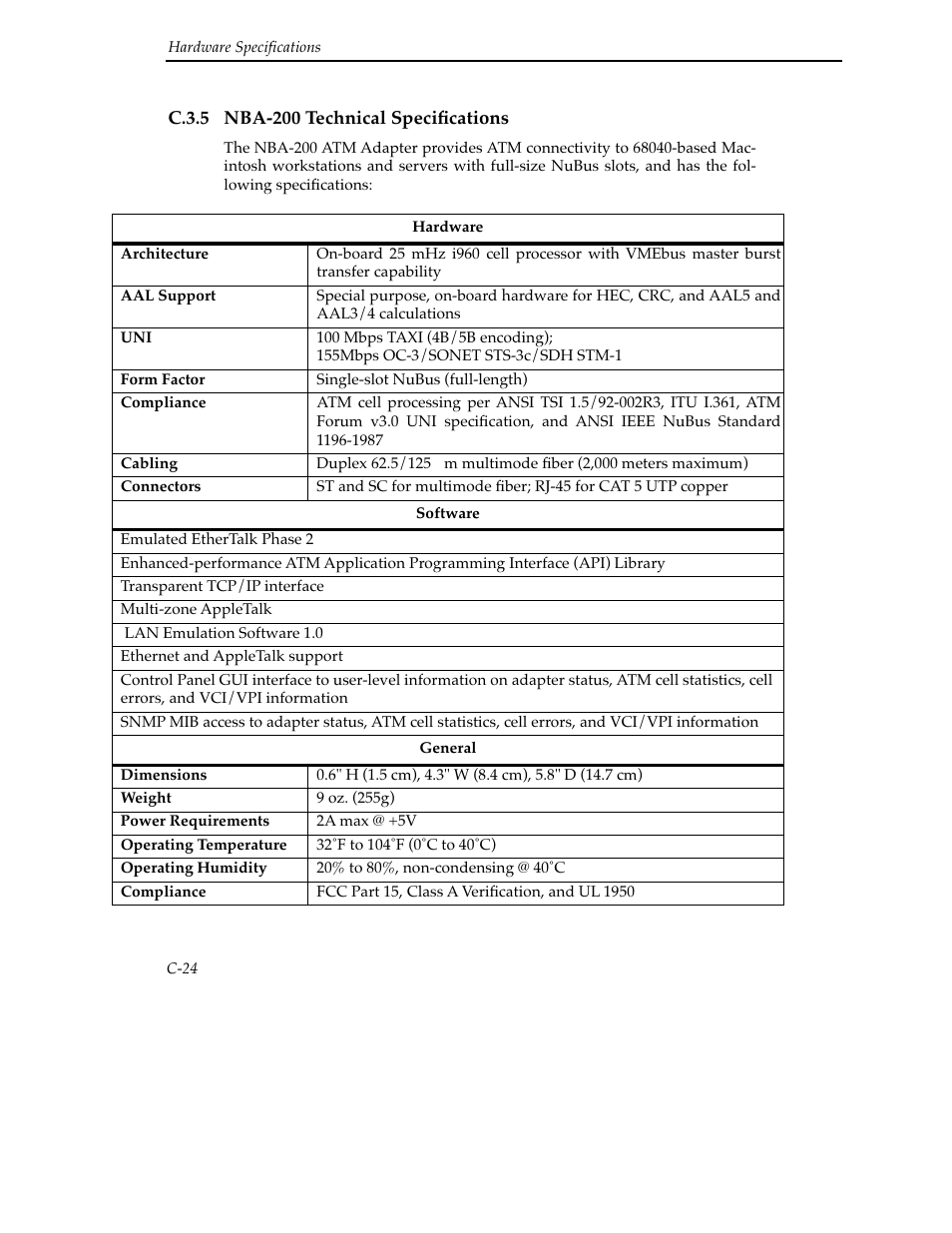 C.3.5 nba-200 technical specifications | Cabletron Systems SFCS-200BX User Manual | Page 150 / 180