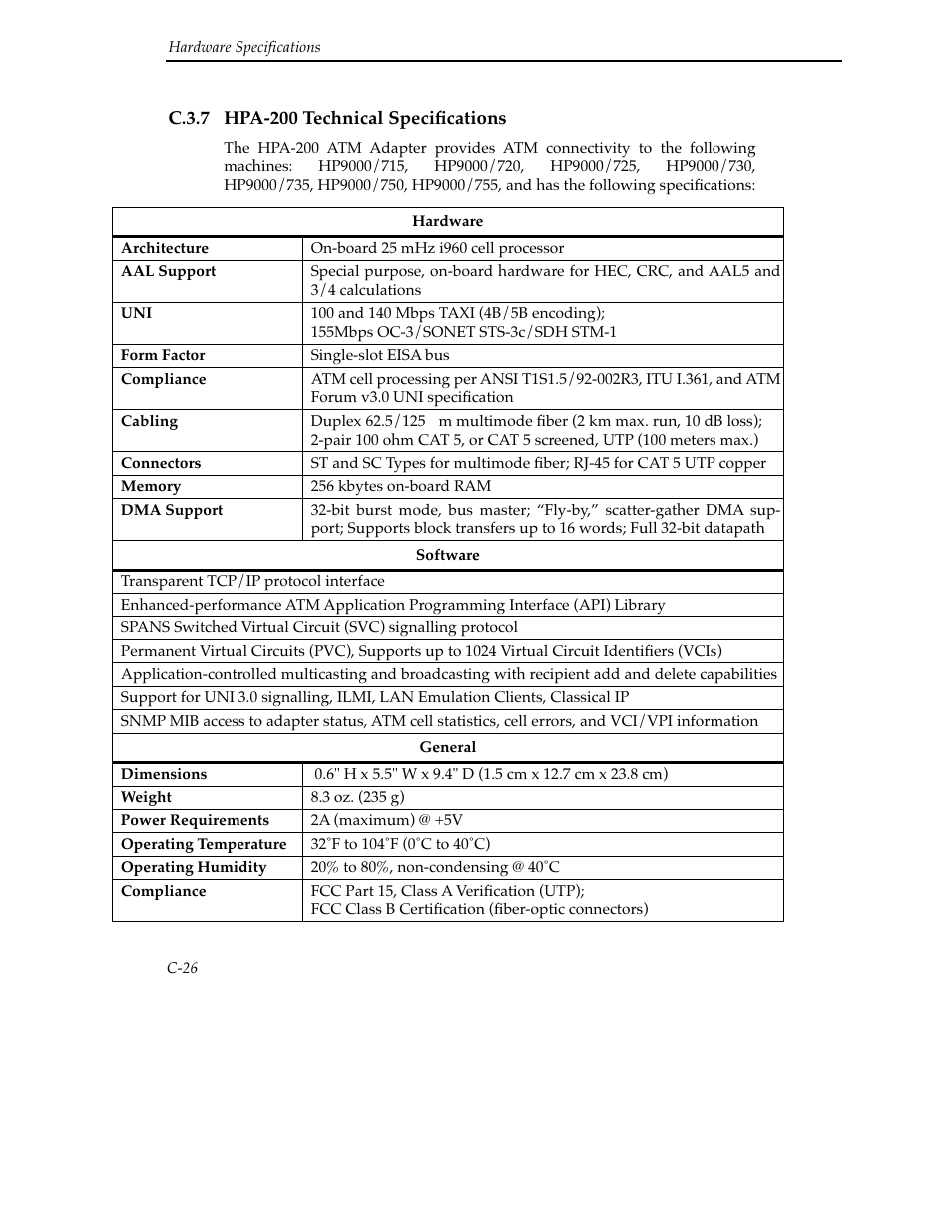 C.3.7 hpa-200 technical specifications | Cabletron Systems SFCS-200BX User Manual | Page 152 / 180