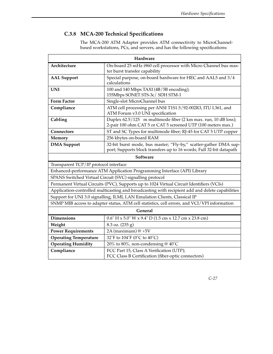 C.3.8 mca-200 technical specifications | Cabletron Systems SFCS-200BX User Manual | Page 153 / 180