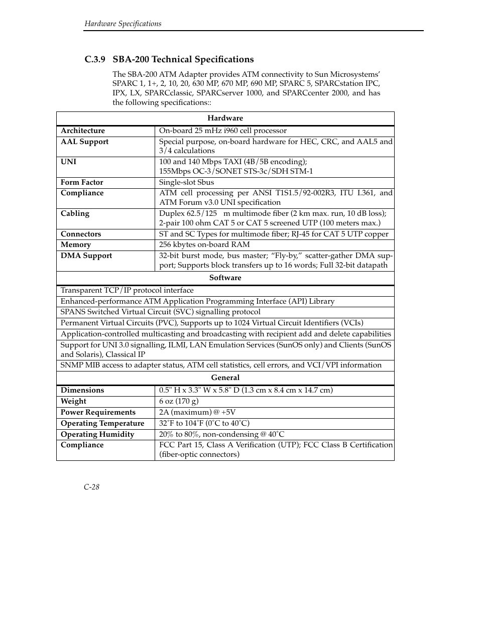 C.3.9 sba-200 technical specifications | Cabletron Systems SFCS-200BX User Manual | Page 154 / 180