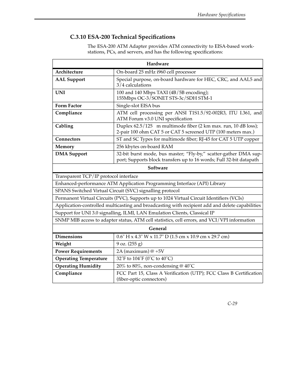 C.3.10 esa-200 technical specifications | Cabletron Systems SFCS-200BX User Manual | Page 155 / 180