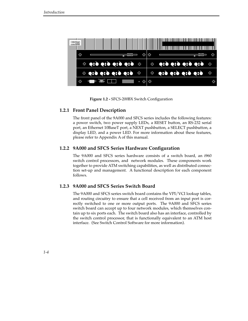 1 front panel description, 2 9a000 and sfcs series hardware configuration, 3 9a000 and sfcs series switch board | Securefast cell switch | Cabletron Systems SFCS-200BX User Manual | Page 18 / 180