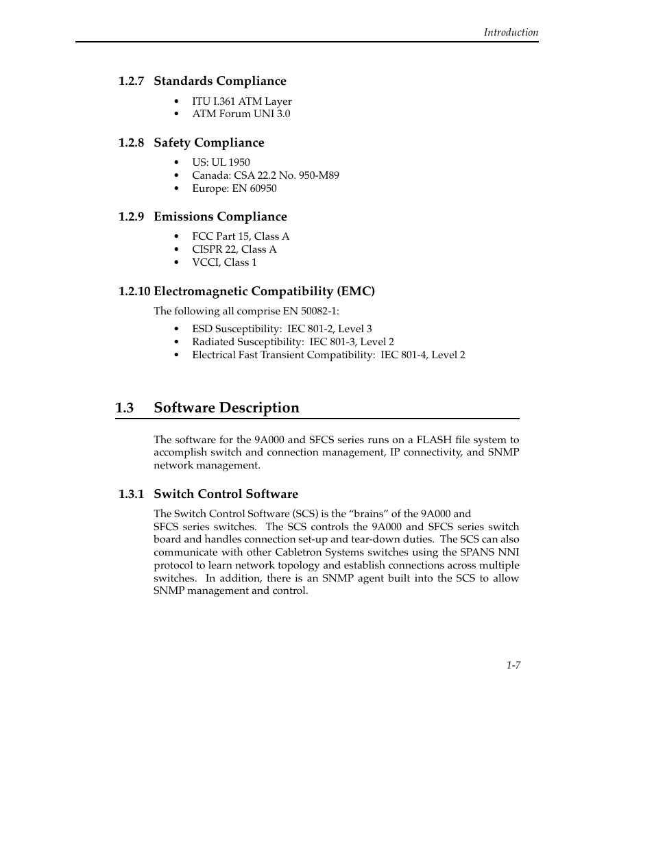 7 standards compliance, 8 safety compliance, 9 emissions compliance | 10 electromagnetic compatibility (emc), 3 software description, 1 switch control software, 3 software description -7, 1 switch control software -7 | Cabletron Systems SFCS-200BX User Manual | Page 21 / 180