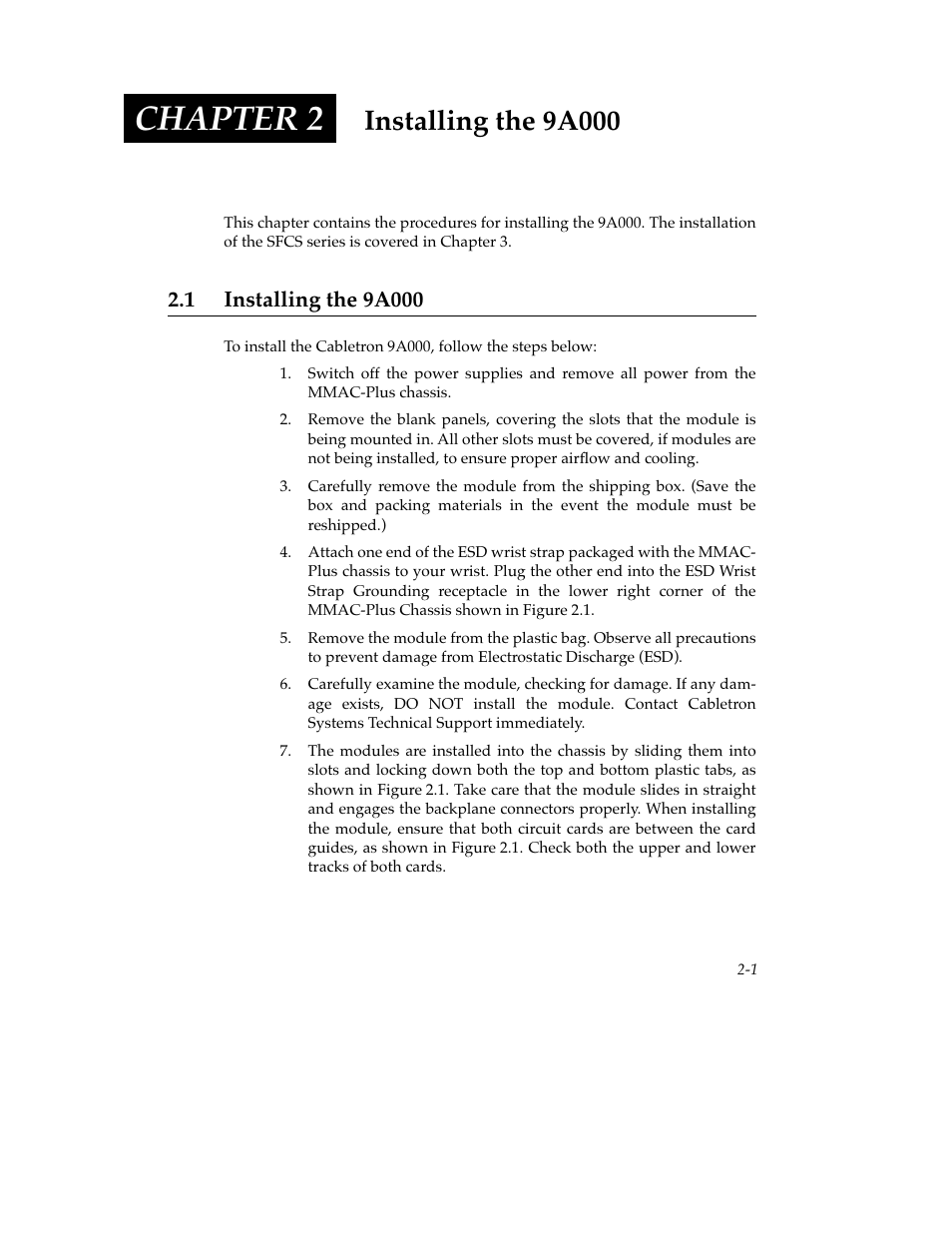 Installing the 9a000, 1 installing the 9a000, Chapter 2 | 1 installing the 9a000 -1 | Cabletron Systems SFCS-200BX User Manual | Page 23 / 180