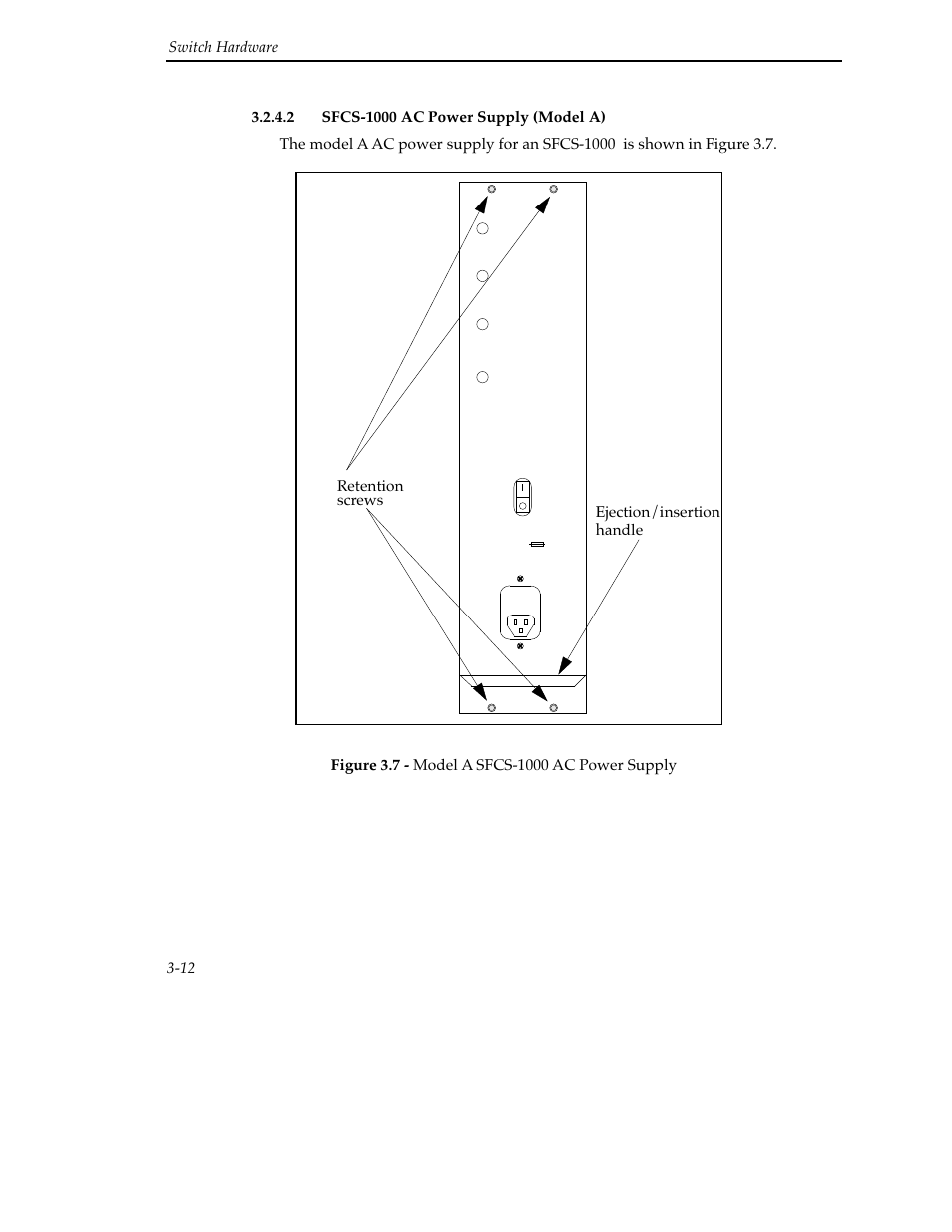 2 sfcs-1000 ac power supply (model a), 2 sfcs-1000 ac power supply (model a) -12, Retention screws ejection/insertion handle | Cabletron Systems SFCS-200BX User Manual | Page 38 / 180