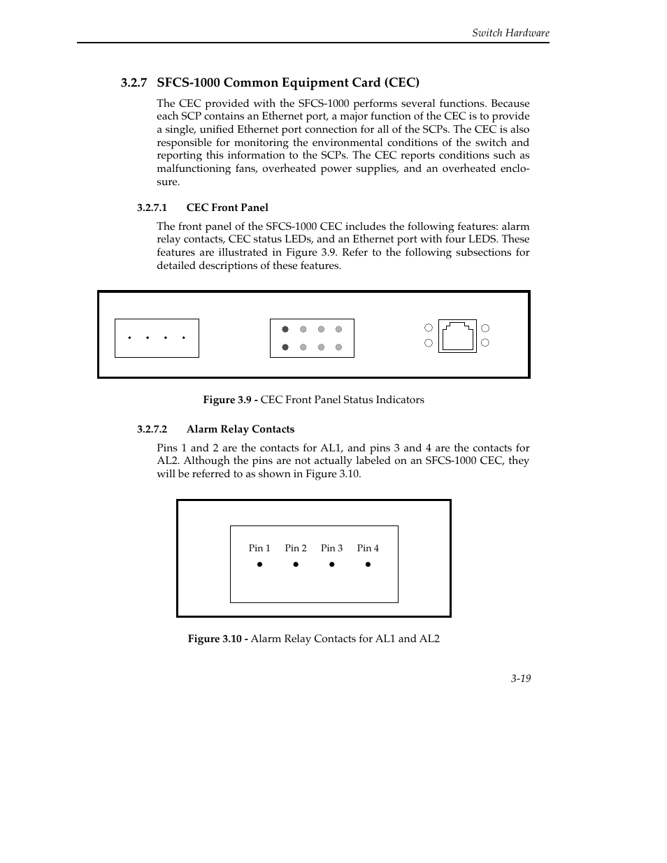 7 sfcs-1000 common equipment card (cec), 1 cec front panel, 2 alarm relay contacts | 7 sfcs-1000 common equipment card (cec) -19 | Cabletron Systems SFCS-200BX User Manual | Page 45 / 180