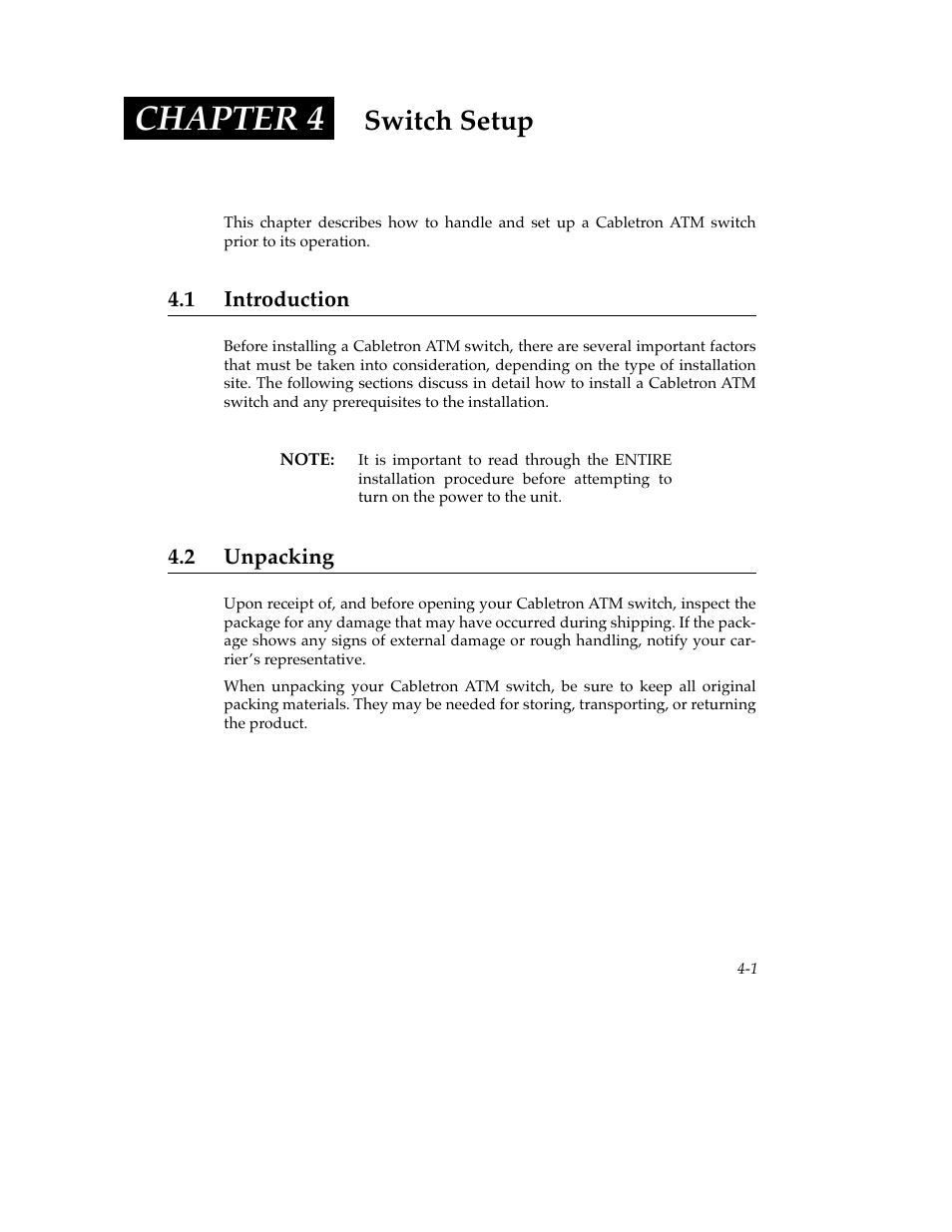 Switch setup, 1 introduction, 2 unpacking | Chapter 4, 2 unpacking -1 | Cabletron Systems SFCS-200BX User Manual | Page 51 / 180