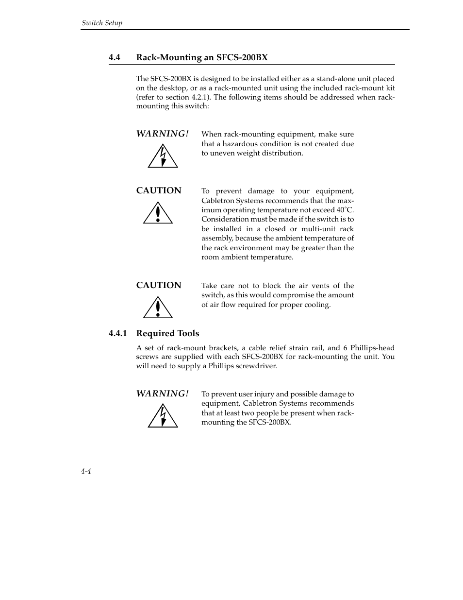 4 rack-mounting an sfcs-200bx, 1 required tools, 4 rack-mounting an sfcs-200bx -4 | 1 required tools -4 | Cabletron Systems SFCS-200BX User Manual | Page 54 / 180