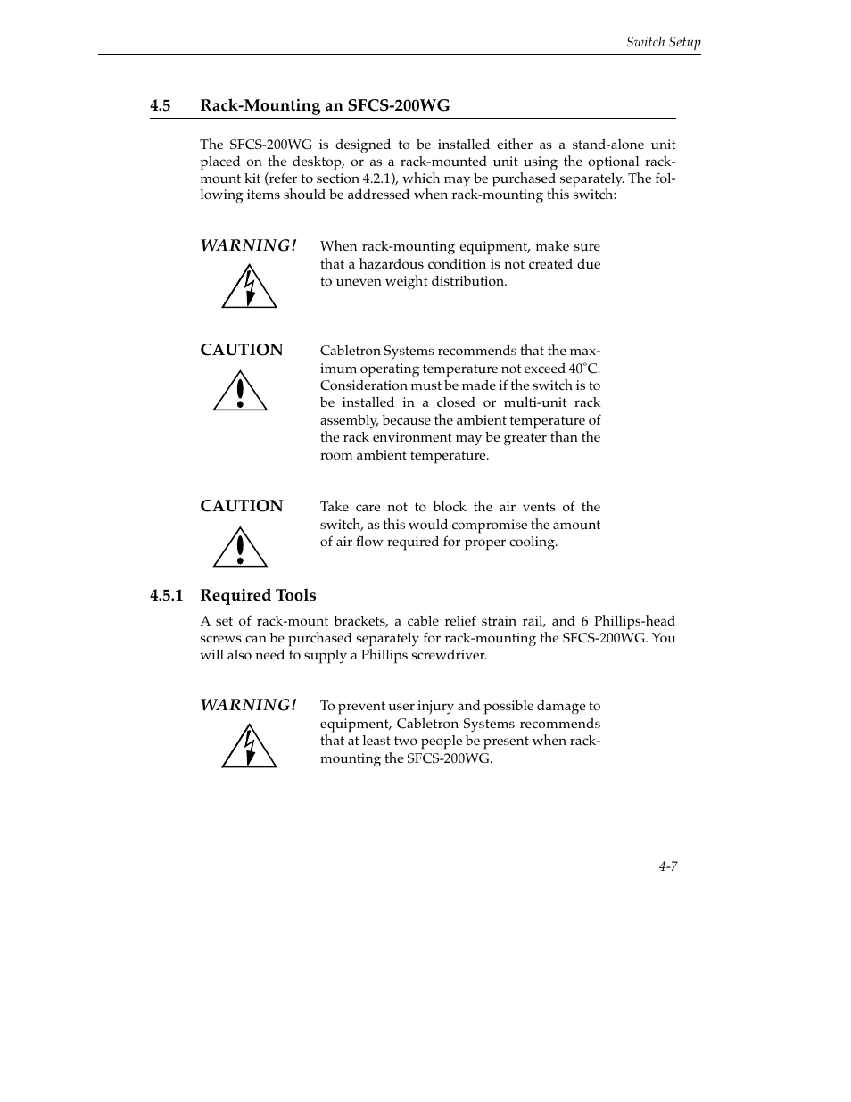 5 rack-mounting an sfcs-200wg, 1 required tools, 5 rack-mounting an sfcs-200wg -7 | 1 required tools -7 | Cabletron Systems SFCS-200BX User Manual | Page 57 / 180