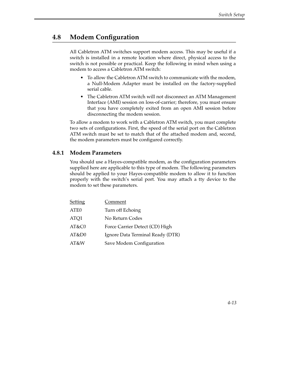 8 modem configuration, 1 modem parameters, 8 modem configuration -13 | 1 modem parameters -13 | Cabletron Systems SFCS-200BX User Manual | Page 63 / 180