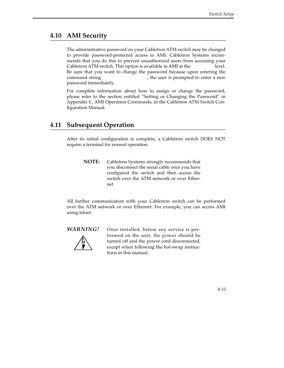 10 ami security, 11 subsequent operation, 10 ami security -15 4.11 subsequent operation -15 | Cabletron Systems SFCS-200BX User Manual | Page 65 / 180