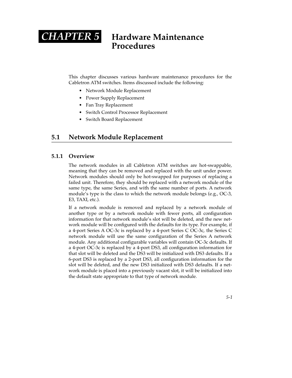 Hardware maintenance procedures, 1 network module replacement, 1 overview | Chapter 5, 1 overview -1 | Cabletron Systems SFCS-200BX User Manual | Page 67 / 180