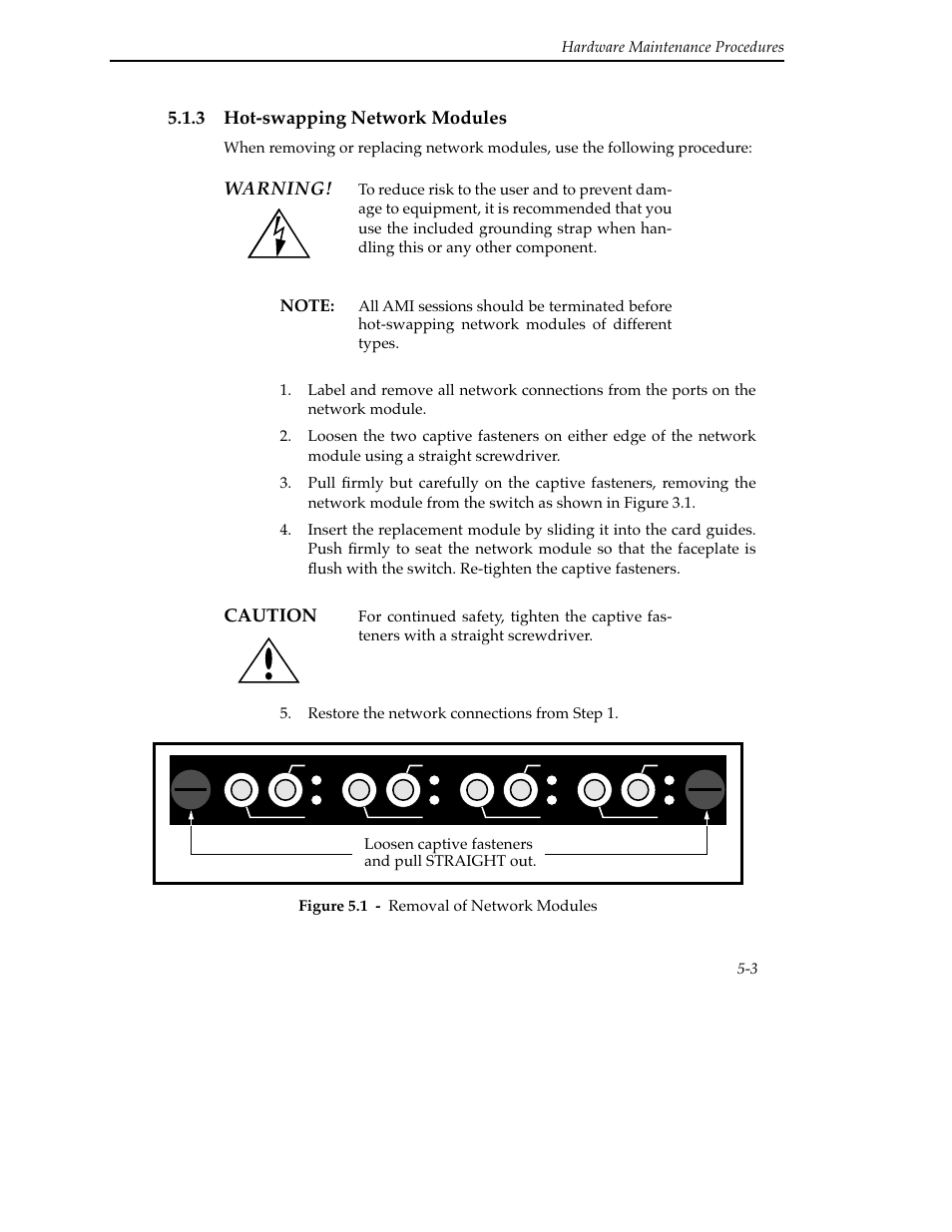 3 hot-swapping network modules, 3 hot-swapping network modules -3, Warning | Caution | Cabletron Systems SFCS-200BX User Manual | Page 69 / 180