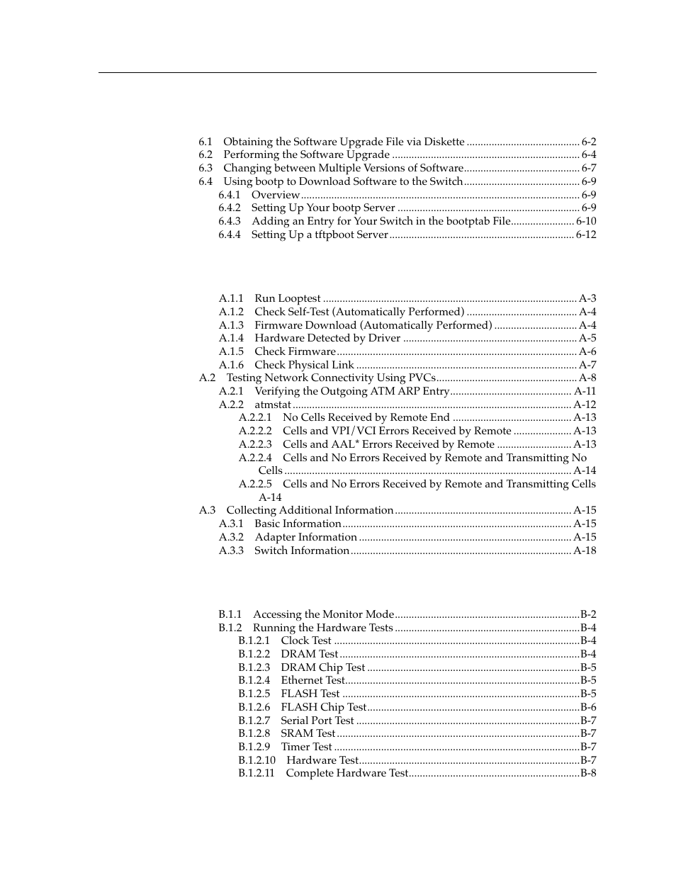 Chapter 6 software upgrade instructions, Appendix a troubleshooting, Appendix b scp diagnostics | Cabletron Systems SFCS-200BX User Manual | Page 7 / 180