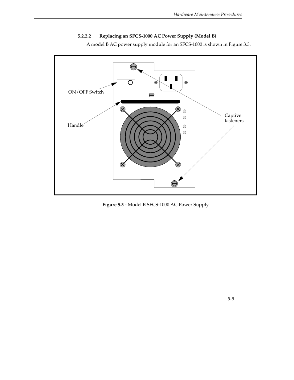 2 replacing an sfcs-1000 ac power supply (mo, Captive fasteners handle on/off switch | Cabletron Systems SFCS-200BX User Manual | Page 75 / 180