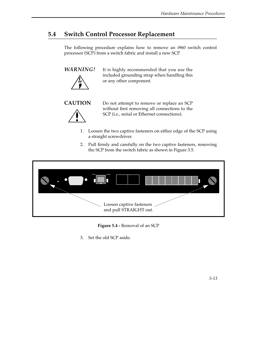 4 switch control processor replacement, 4 switch control processor replacement -13, Warning | Caution | Cabletron Systems SFCS-200BX User Manual | Page 79 / 180