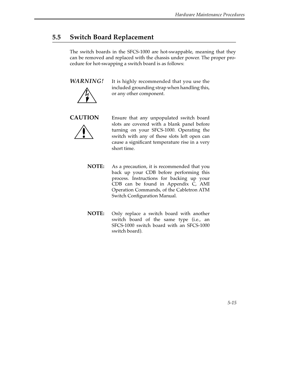 5 switch board replacement, 5 switch board replacement -15, B.1.2.8 sram test | Cabletron Systems SFCS-200BX User Manual | Page 81 / 180