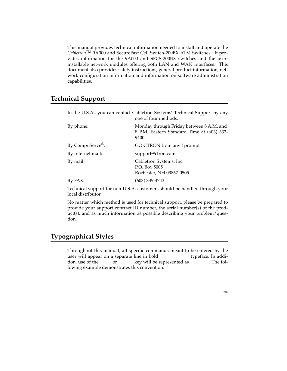 Preface, Technical support, Typographical styles | Cabletron Systems SFCS-200BX User Manual | Page 9 / 180