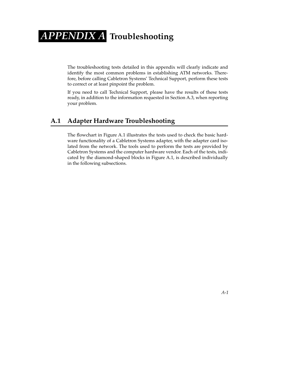 Appendix a, A.1 adapter hardware troubleshooting, Troubleshooting | Cabletron Systems SFCS-200BX User Manual | Page 97 / 180