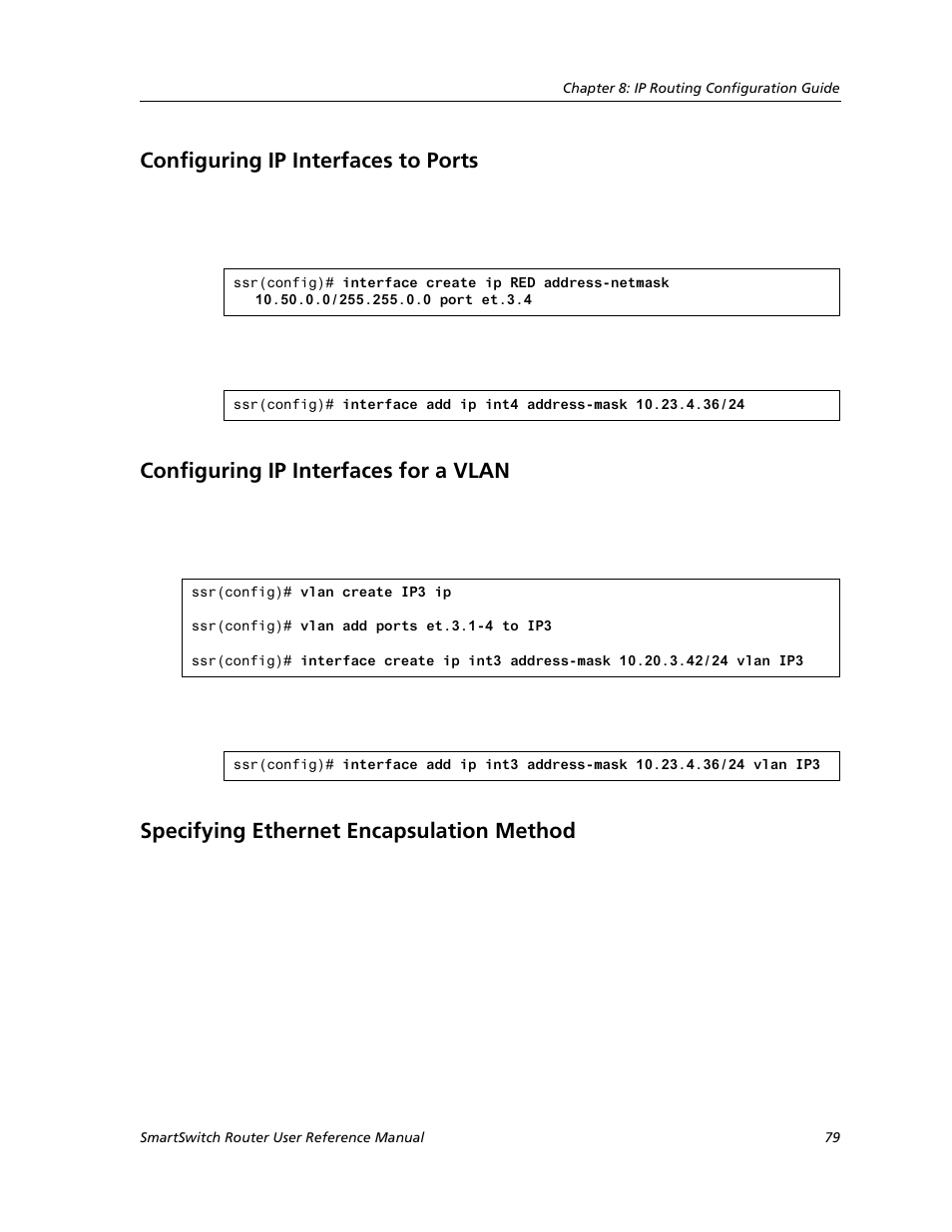 Configuring ip interfaces to ports, Configuring ip interfaces for a vlan, Specifying ethernet encapsulation method | Configuring rip parameters | Cabletron Systems SMARTSWITCH ROUTER 9032578-05 User Manual | Page 105 / 398