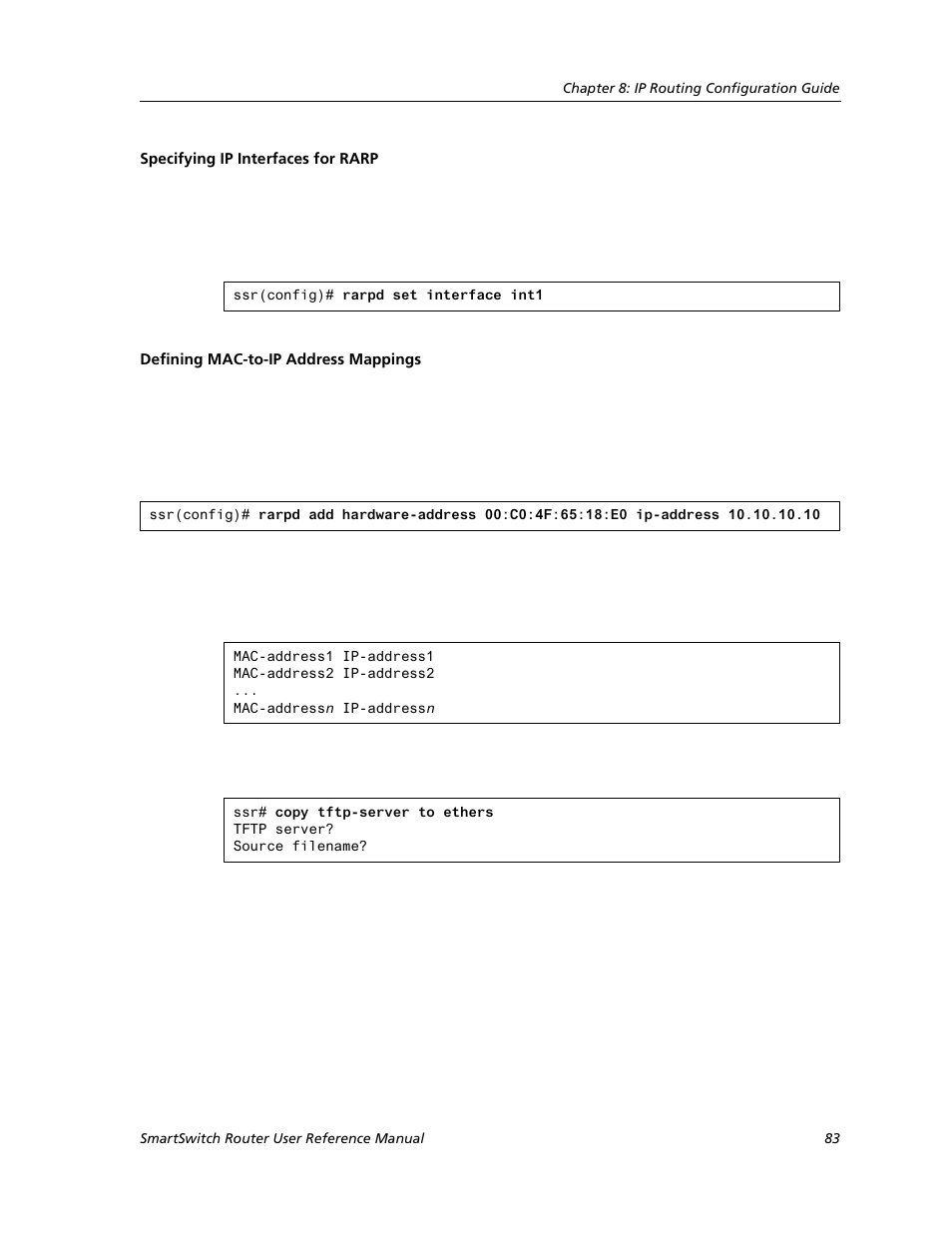 Specifying ip interfaces for rarp, Defining mac-to-ip address mappings | Cabletron Systems SMARTSWITCH ROUTER 9032578-05 User Manual | Page 109 / 398