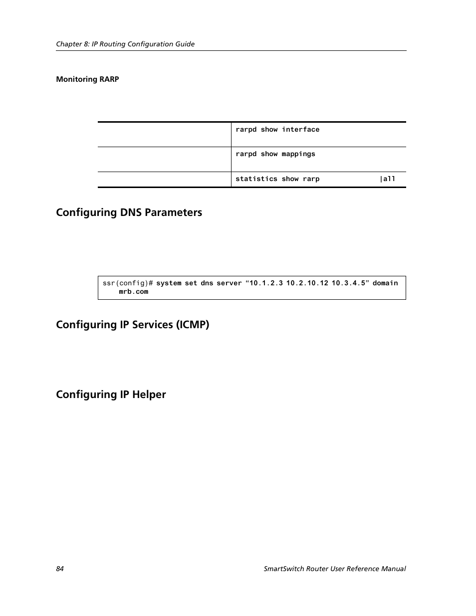 Monitoring rarp, Configuring dns parameters, Configuring ip services (icmp) | Configuring ip helper | Cabletron Systems SMARTSWITCH ROUTER 9032578-05 User Manual | Page 110 / 398