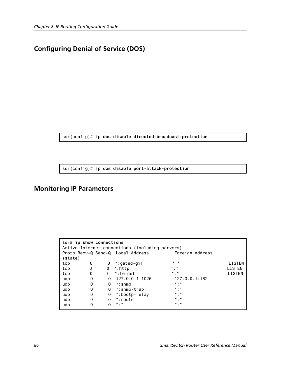 Configuring denial of service (dos), Monitoring ip parameters | Cabletron Systems SMARTSWITCH ROUTER 9032578-05 User Manual | Page 112 / 398