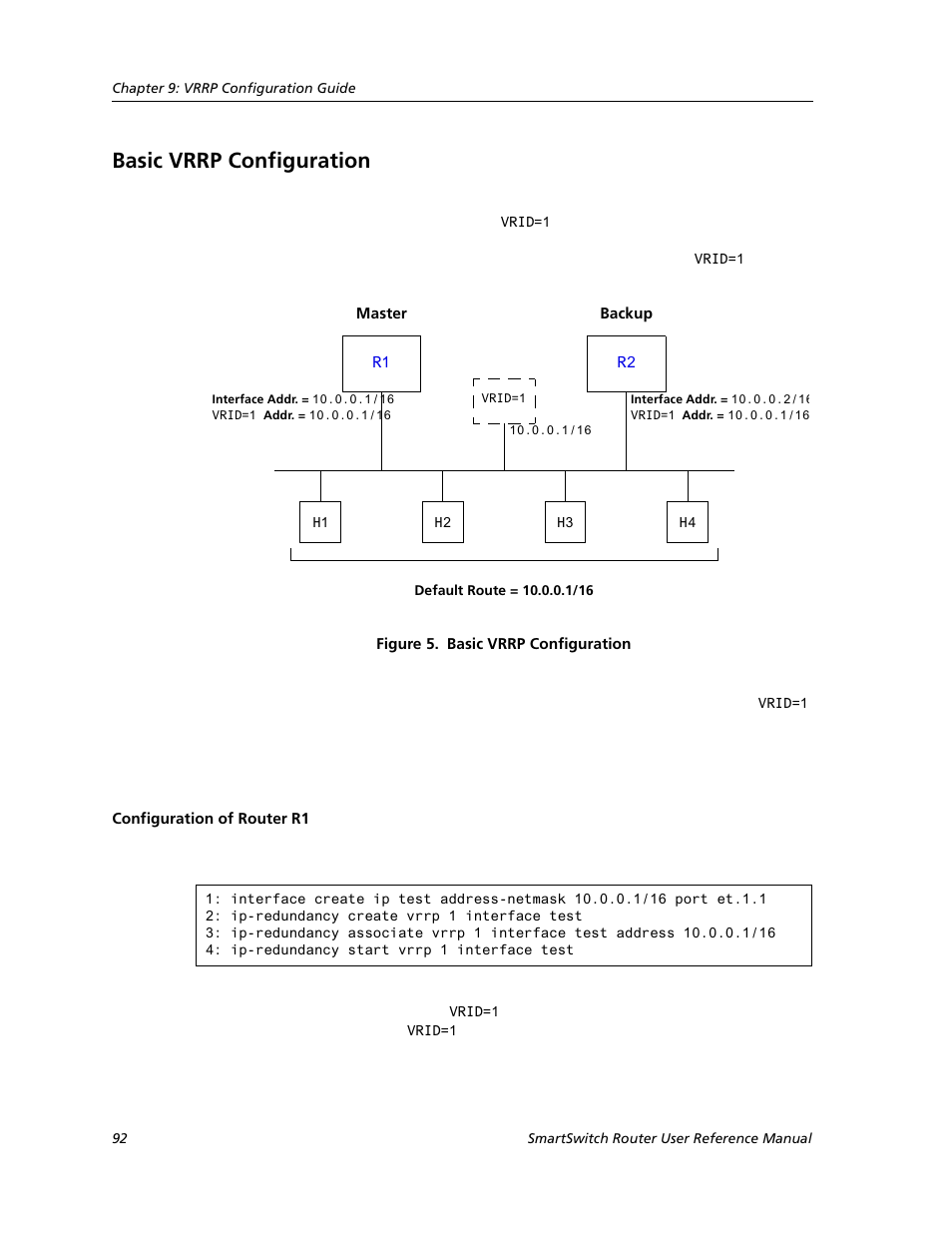 Basic vrrp configuration, Configuration of router r1 | Cabletron Systems SMARTSWITCH ROUTER 9032578-05 User Manual | Page 118 / 398