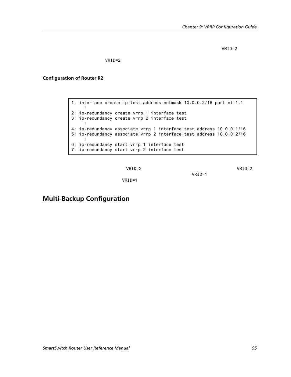 Configuration of router r2, Multi-backup configuration | Cabletron Systems SMARTSWITCH ROUTER 9032578-05 User Manual | Page 121 / 398