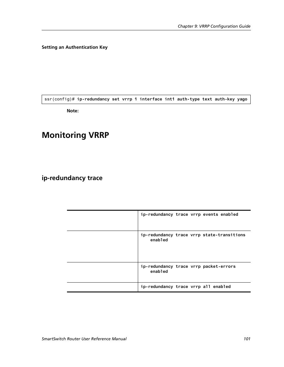 Setting an authentication key, Monitoring vrrp, Ip-redundancy trace | Cabletron Systems SMARTSWITCH ROUTER 9032578-05 User Manual | Page 127 / 398