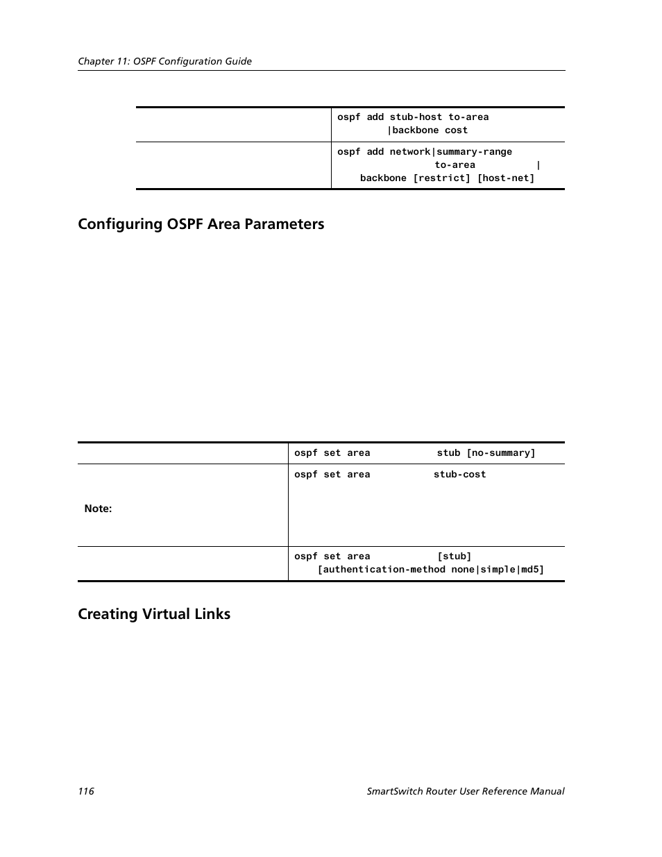 Configuring ospf area parameters, Creating virtual links | Cabletron Systems SMARTSWITCH ROUTER 9032578-05 User Manual | Page 142 / 398