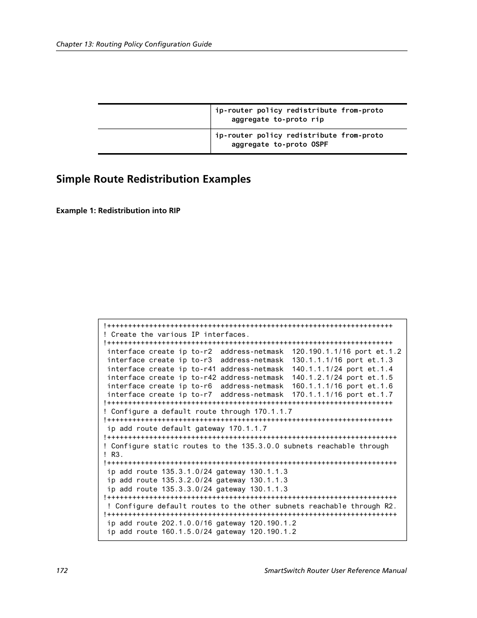 Simple route redistribution examples, Example 1: redistribution into rip | Cabletron Systems SMARTSWITCH ROUTER 9032578-05 User Manual | Page 198 / 398