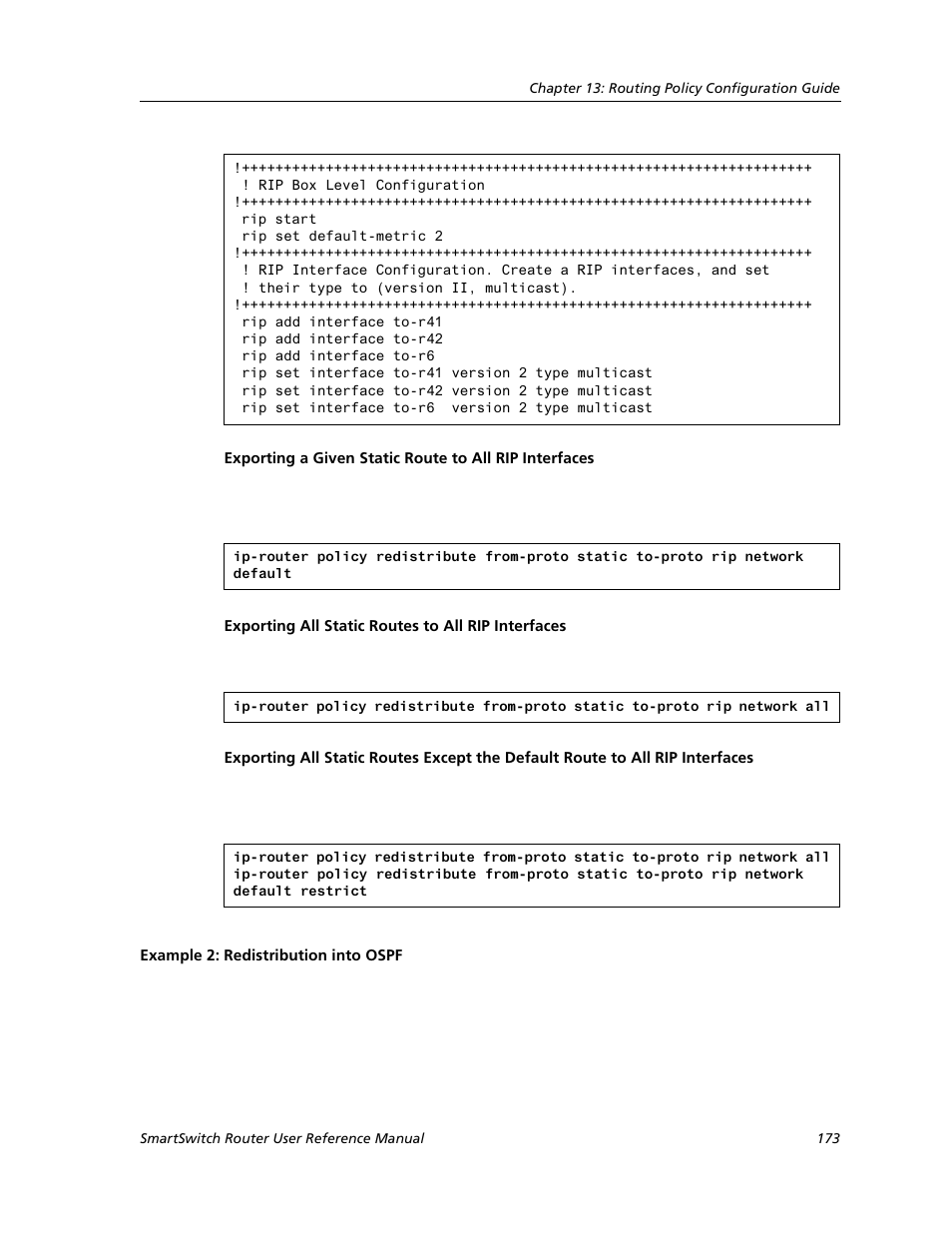 Example 2: redistribution into ospf | Cabletron Systems SMARTSWITCH ROUTER 9032578-05 User Manual | Page 199 / 398