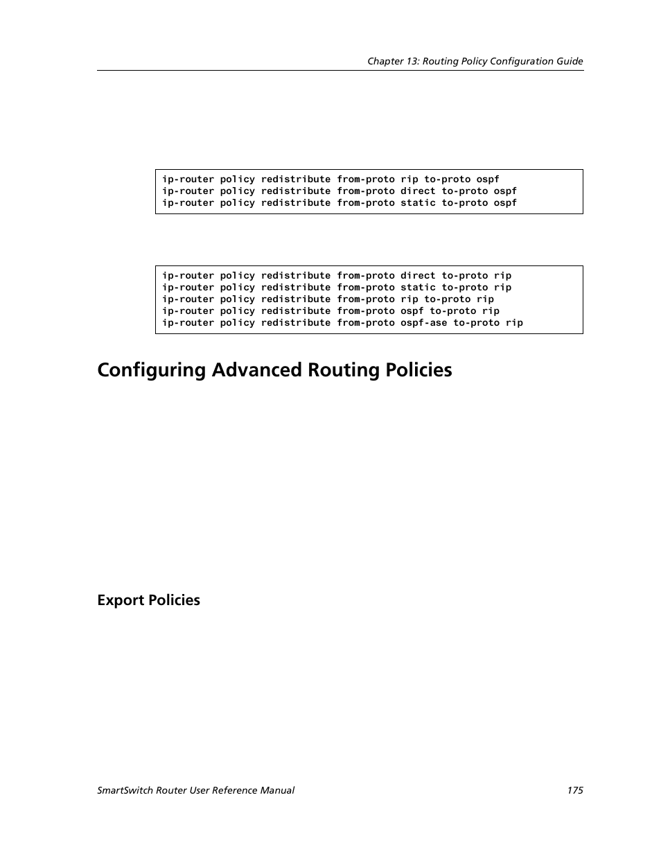 Configuring advanced routing policies, Export policies | Cabletron Systems SMARTSWITCH ROUTER 9032578-05 User Manual | Page 201 / 398