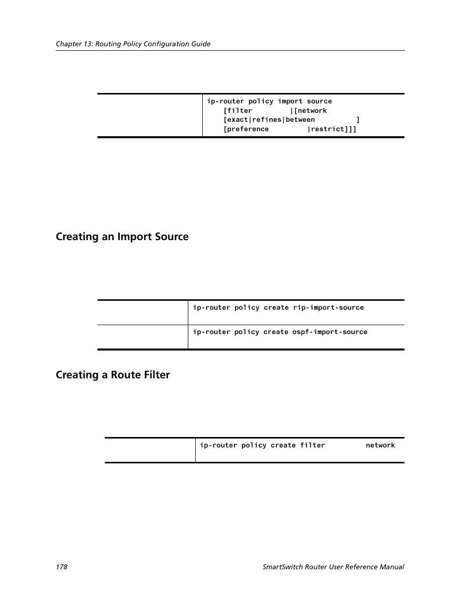 Creating an import source, Creating a route filter, Creating an import source creating a route filter | Cabletron Systems SMARTSWITCH ROUTER 9032578-05 User Manual | Page 204 / 398