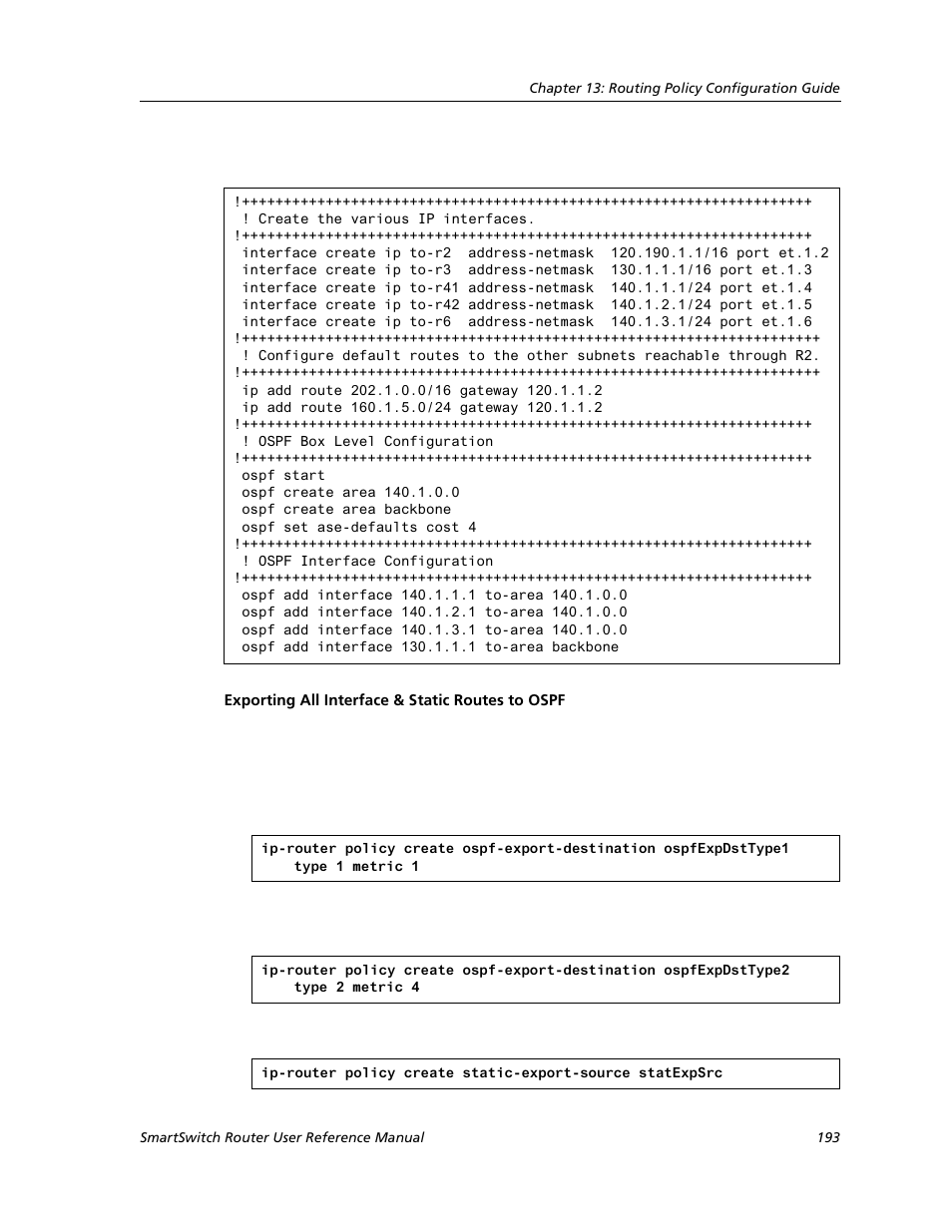 Exporting all interface & static routes to ospf | Cabletron Systems SMARTSWITCH ROUTER 9032578-05 User Manual | Page 219 / 398