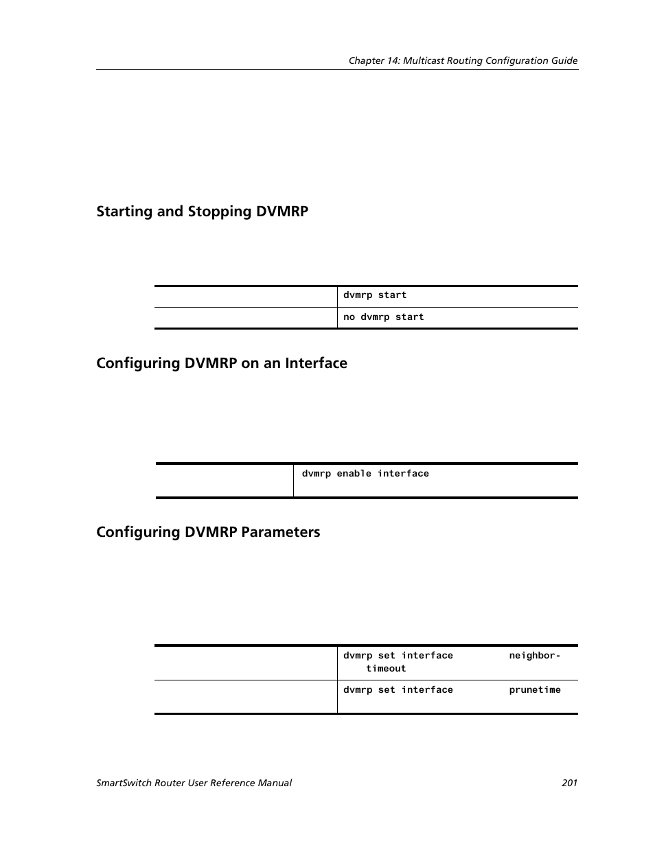 Starting and stopping dvmrp, Configuring dvmrp on an interface, Configuring dvmrp parameters | Cabletron Systems SMARTSWITCH ROUTER 9032578-05 User Manual | Page 227 / 398
