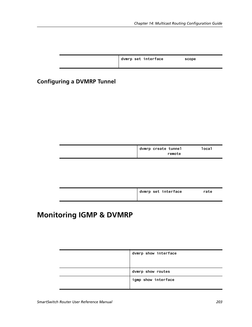 Configuring a dvmrp tunnel, Monitoring igmp & dvmrp | Cabletron Systems SMARTSWITCH ROUTER 9032578-05 User Manual | Page 229 / 398