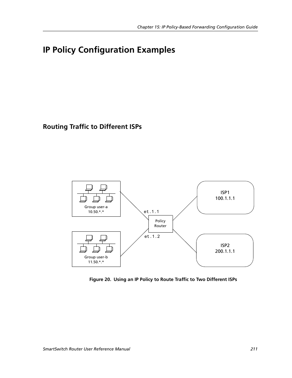 Ip policy configuration examples, Routing traffic to different isps | Cabletron Systems SMARTSWITCH ROUTER 9032578-05 User Manual | Page 237 / 398