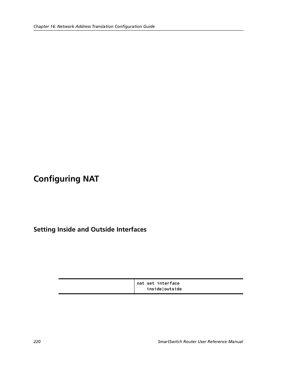 Configuring nat, Setting inside and outside interfaces | Cabletron Systems SMARTSWITCH ROUTER 9032578-05 User Manual | Page 246 / 398
