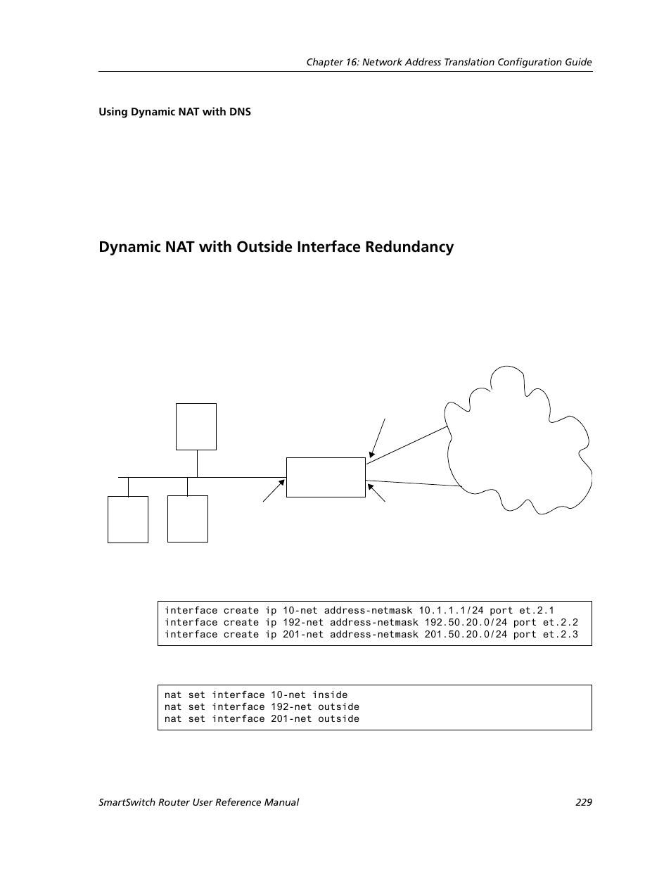 Using dynamic nat with dns, Dynamic nat with outside interface redundancy | Cabletron Systems SMARTSWITCH ROUTER 9032578-05 User Manual | Page 255 / 398