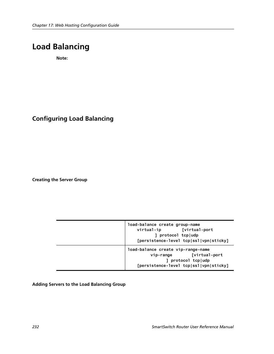Load balancing, Configuring load balancing, Creating the server group | Adding servers to the load balancing group | Cabletron Systems SMARTSWITCH ROUTER 9032578-05 User Manual | Page 258 / 398